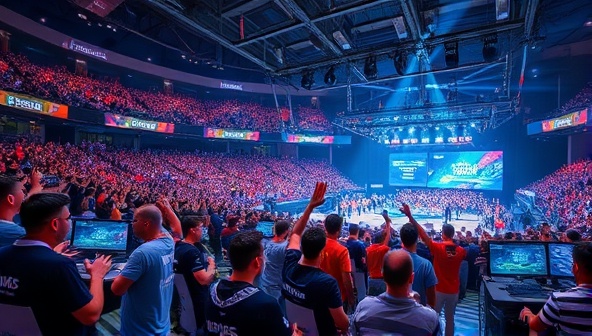An artistic depiction of a digital arena filled with cheering avatars, gaming setups, and virtual banners displaying team logos and eSports event names, capturing the vibrant and dynamic atmosphere of the eBetFusion community.