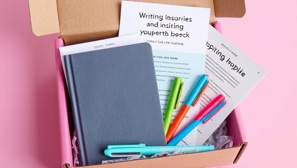 An aesthetically pleasing visual of a subscription box filled with writing supplies, including a sleek notebook, colorful pens, inspiring writing prompts, and other creative tools, creating a sense of anticipation and creativity for the recipient.