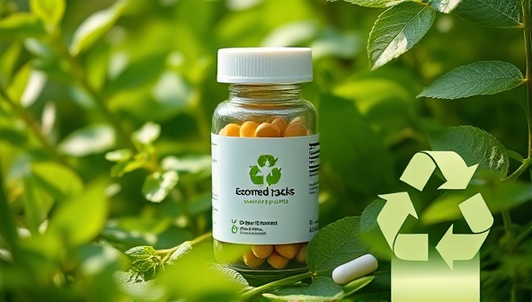 An innovative biodegradable pill bottle made from sustainable materials, surrounded by lush greenery and recycling symbols, symbolizing the eco-friendly and nature-conscious approach of EcoMedPack's sustainable packaging solutions.