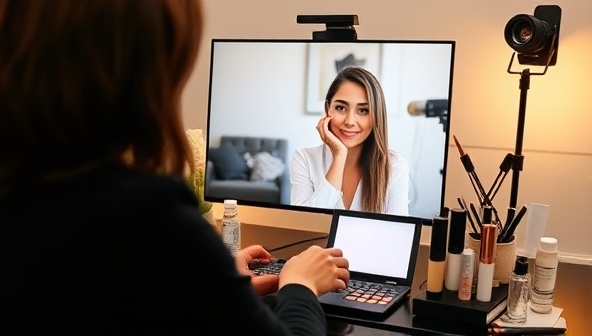 An inspiring image of a virtual beauty mentorship session in progress, showing a mentor providing guidance to a mentee via video call, with beauty tools, product samples, and a portfolio on display, illustrating a supportive and professional mentorship environment for beauty career development.