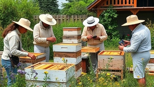 An educational workshop setting with beekeepers demonstrating hive management techniques and explaining the importance of bees in pollination, surrounded by buzzing hives and blooming flowers, conveying a sense of environmental stewardship and agricultural sustainability.
