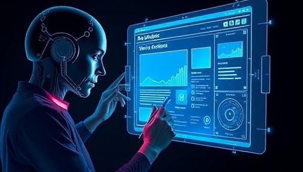 A futuristic image of a virtual assistant with a stylus designing a website interface on a holographic screen, showcasing the cutting-edge AI technology and ease of use.