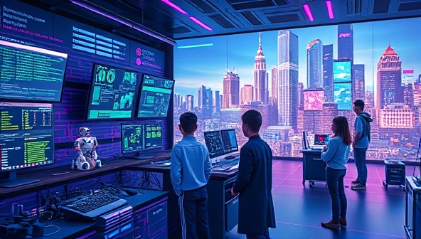 A futuristic visual of a digital tech lab with coding screens, robotics kits, young participants programming robots, a virtual tech fair showcasing tech projects, and a pixelated cityscape backdrop symbolizing innovation and creativity in a tech-driven world.