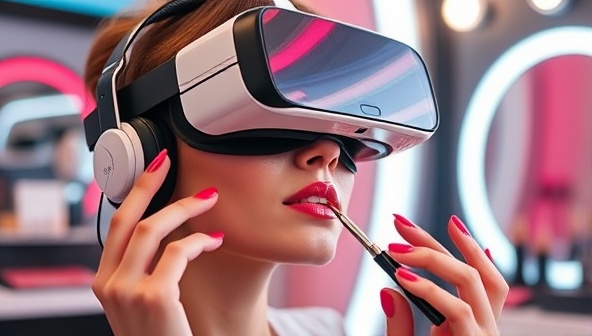 An imaginative visualization of a user wearing a VR headset, immersed in a virtual makeup studio environment, experimenting with different lipstick shades and eyeshadows, creating a futuristic and interactive beauty experience.