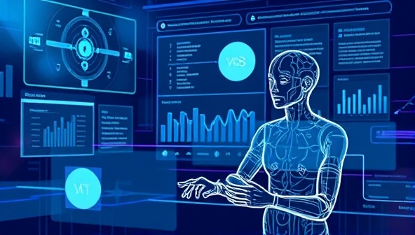 An illustration of a futuristic AI interface with a virtual assistant guiding a writer through content creation, displaying analytics and suggestions in real-time, creating a seamless and innovative writing experience.