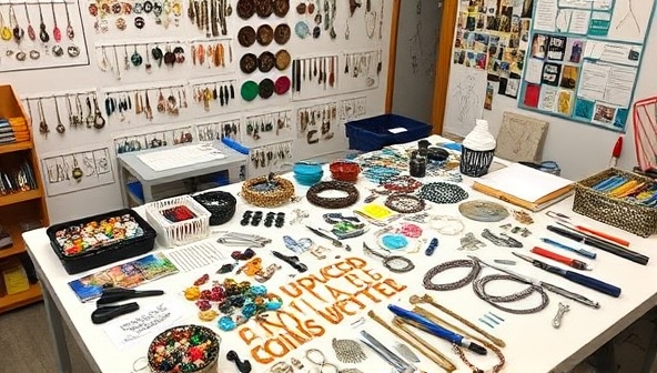 A workshop setting with a diverse array of beads, charms, tools, and jewelry components neatly arranged on a crafting table, surrounded by examples of upcycled jewelry pieces, colorful design sketches, and inspirational mood boards, showcasing the creative and sustainable essence of the workshops.