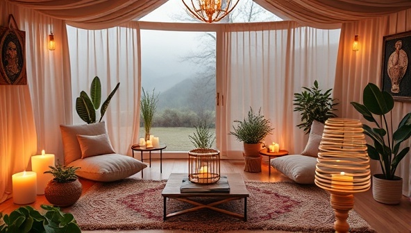 An immersive digital retreat setting featuring serene writing nooks, virtual meditation spaces, and interactive workshops led by writing coaches, surrounded by elements of tranquility like candles, plants, and cozy blankets, evoking a sense of rejuvenation and creative flow in a virtual sanctuary for writers.