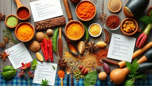 An artistic flat lay of colorful spices, exotic ingredients, and recipe cards arranged in a vibrant kitchen setting, creating a visual feast that captures the essence of global culinary exploration.