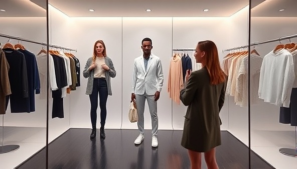 A sleek and modern digital interface displaying a virtual fitting room where a user can see themselves trying on different outfits virtually, with a stylist providing feedback in real-time, creating a personalized and interactive fashion experience.