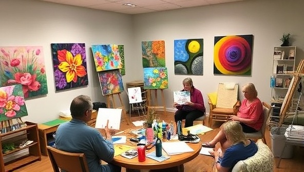 An art studio filled with colorful paintings, art supplies, and comfortable seating, with clients engaged in creative expression and therapeutic art-making, conveying a sense of healing and emotional release.
