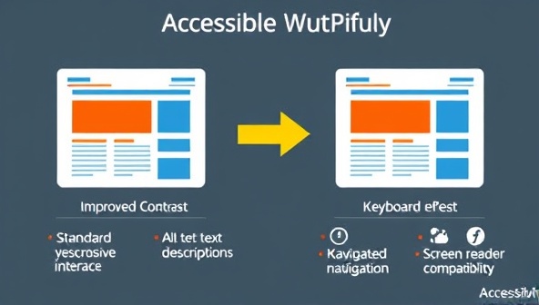 An infographic showcasing the transformation of a standard website interface into an accessible version through the use of AccessiWebPro, featuring improved contrast, alt text descriptions, keyboard navigation indicators, and screen reader compatibility icons, symbolizing digital inclusivity and accessibility enhancements.