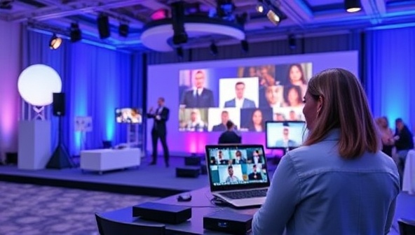 A virtual event planning scene with an event coordinator managing a digital event setup, coordinating with vendors and speakers via video calls, and overseeing the technical aspects of the virtual event, creating a dynamic and professional virtual event planning atmosphere.