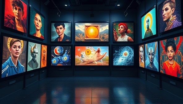 An immersive digital art gallery interface displaying a diverse collection of NFT artworks by emerging and established digital artists, accompanied by blockchain transaction records, artist profiles, and interactive bidding features, highlighting the innovative and secure art trading experience offered by ArtChain Gallery.