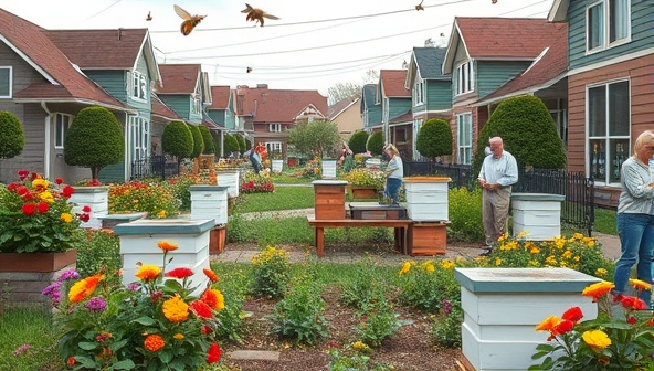 An idyllic neighborhood garden scene with colorful flowers, buzzing bees around beehives, and residents tending to their community beekeeping cooperative, showcasing harmony between nature and urban living.