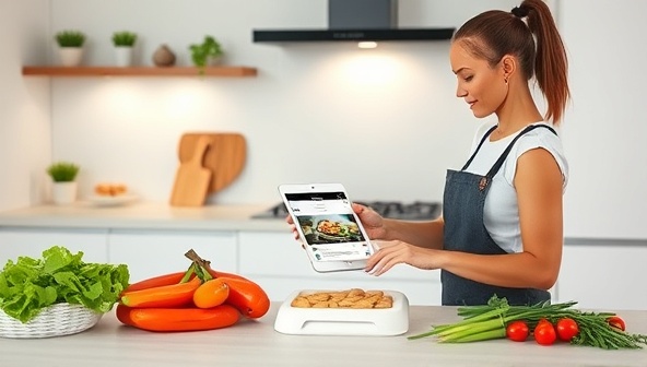 A sleek, modern kitchen setting with a tablet displaying a vibrant recipe interface, fresh ingredients neatly arranged, and a user confidently following the step-by-step instructions, showcasing convenience and culinary creativity.