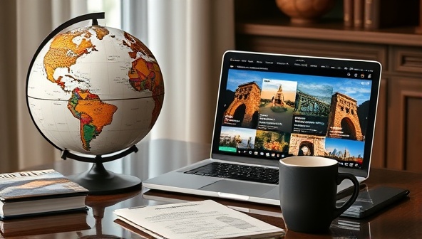An elegant virtual office setup with a globe, travel guides, a laptop displaying exotic destinations, and a coffee mug, creating a sophisticated and travel-centric atmosphere that inspires wanderlust.