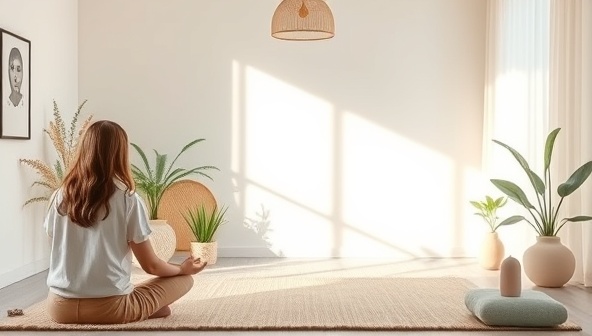 A serene virtual therapy space with soothing colors and calming elements, featuring a mental health coach guiding a mindfulness session with a client via video call, promoting relaxation and emotional support.