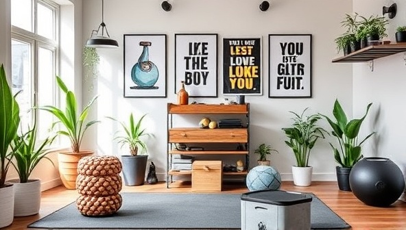 An aesthetically arranged home gym setup featuring the FitBox Essentials kit items neatly organized in a stylish workout space, with motivational posters, plants, and natural lighting creating an inviting and inspiring atmosphere for home fitness enthusiasts.