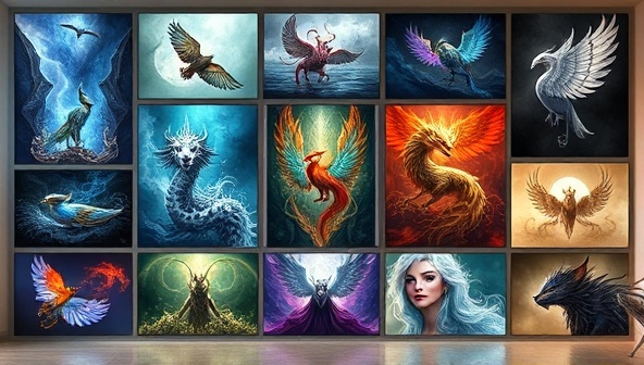 An elegant and sophisticated digital art gallery showcasing a variety of unique artworks, with vibrant colors and intricate details, illustrating the diverse and curated collection available on Artistic Aura Hub.
