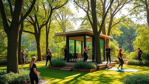 An idyllic outdoor setting with a GreenFit Pod nestled among trees, bathed in sunlight, with people engaging in various workouts surrounded by lush greenery and a serene natural ambiance, promoting a harmonious blend of fitness and sustainability.
