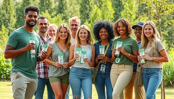 An image of a diverse group of brand ambassadors showcasing eco-friendly products in an outdoor setting, exuding passion and dedication to sustainability, with natural elements in the background to emphasize the environmental focus.