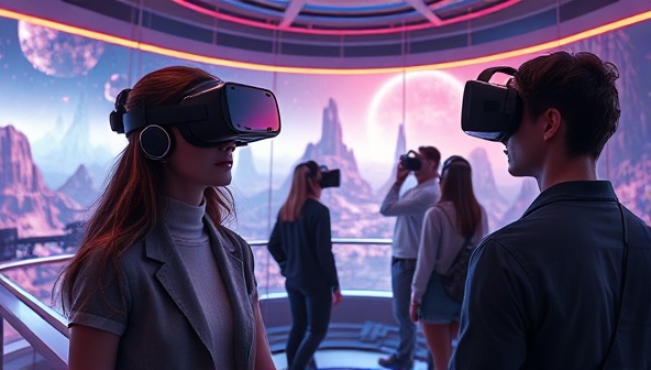 An imaginative depiction of users exploring a virtual reality website environment through VR headsets, surrounded by futuristic digital landscapes and interactive elements, highlighting the immersive nature of VR WebScape's designs.