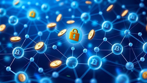 An artistic representation of interconnected blockchain nodes symbolizing secure and decentralized lending transactions, with digital coins flowing between lenders and borrowers, showcasing transparency and efficiency in peer-to-peer lending through BlockLend.