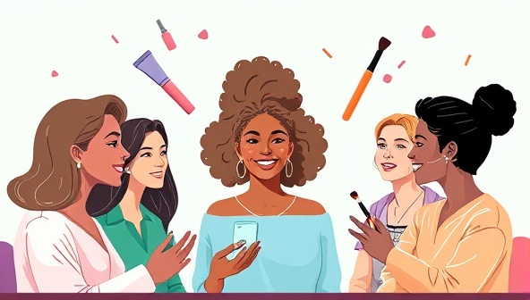 A digital illustration of a diverse group of people engaging in a virtual beauty consultation, with colorful skincare products and makeup brushes floating around them, representing personalized beauty advice in a modern, virtual setting.
