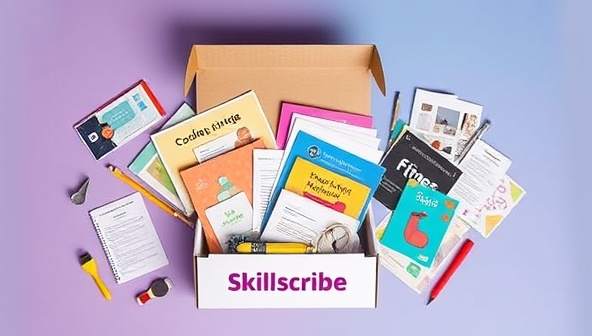 An artistic flat lay of a SkillScribe box open to reveal colorful learning materials, tools, and guides related to coding, cooking, fitness, and graphic design, creating a visually appealing representation of the diverse skills offered.