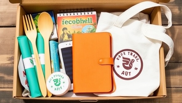 An assortment of colorful, eco-friendly travel products neatly arranged in a branded box, including bamboo utensils, a solar-powered charger, a recycled travel journal, and a reusable tote bag, symbolizing sustainability and adventure.