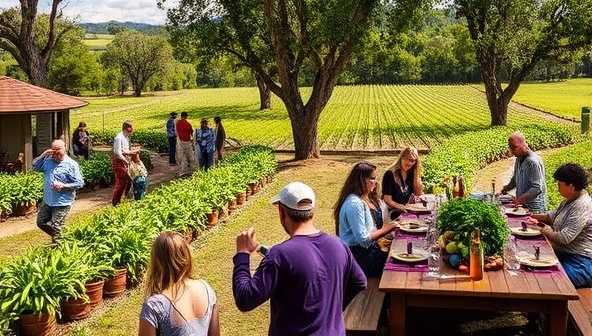 A picturesque farm landscape with guests participating in a hands-on harvesting activity, chefs preparing a farm-to-table feast under a canopy of trees, and a long dining table set with fresh produce and rustic decor, capturing the essence of farm-to-table dining in a scenic countryside setting.