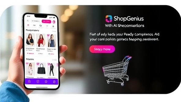 An engaging visual representation of the ShopGenius app interface, featuring a user scrolling through personalized product recommendations, price comparisons, and style suggestions, with a virtual shopping cart and wishlist functionality, highlighting the convenience and personalized shopping experience offered by the AI assistant.