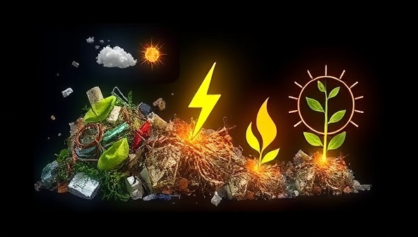 An artistic representation of waste materials being transformed into energy symbols, illustrating the concept of waste-to-energy conversion and sustainable resource utilization in a visually captivating manner.