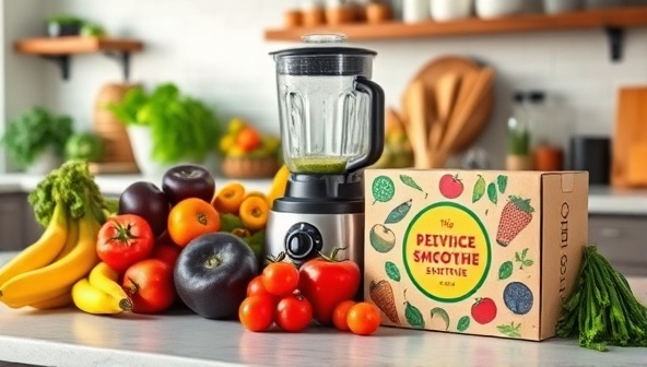 An inviting kitchen counter displaying a variety of colorful organic fruits and vegetables, a blender ready for use, and a subscription smoothie kit box with a vibrant logo, showcasing the simplicity and freshness of making nutritious smoothies at home.