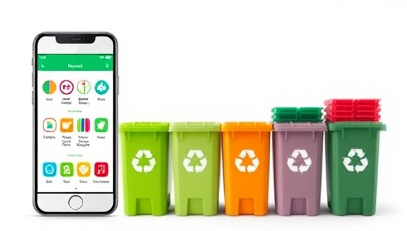 An image of a smartphone displaying the EcoBin Tracker app with colorful waste sorting icons and recycling symbols, alongside bins for different waste categories, emphasizing the user-friendly and educational aspects of sustainable waste management.