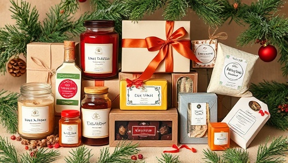 An array of beautifully curated gift items displayed on a digital platform, including candles, chocolates, and handmade soaps, surrounded by festive decorations and gift-wrapping materials, evoking a sense of warmth and thoughtfulness.
