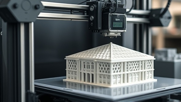 An artistic representation of a state-of-the-art 3D printer in action, creating a detailed architectural model with intricate geometric patterns and fine textures, showcasing the precision and innovation of architectural 3D printing at PrintedSpaces Studio.