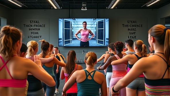 An energizing virtual fitness class scene with diverse participants following an instructor's lead on a screen, surrounded by workout equipment, water bottles, and motivational quotes, creating a dynamic and interactive exercise environment.