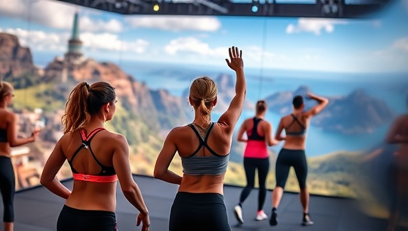 An energetic virtual fitness adventure setting with participants engaging in a HIIT workout session led by a fitness instructor, surrounded by virtual landscapes and dynamic exercise routines, creating an active and immersive fitness experience reminiscent of a travel adventure, as offered by Fit Explorer.