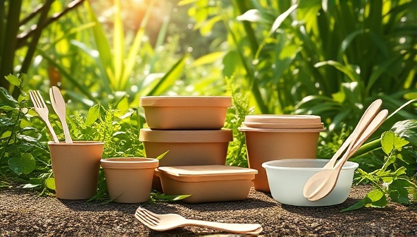 An artistic rendering of biodegradable food containers and utensils in a natural setting, surrounded by lush greenery and sunlight, emphasizing eco-friendliness and sustainability.