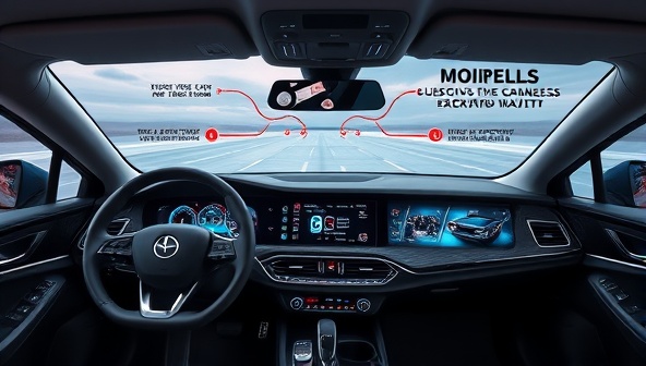 A futuristic dashboard display featuring augmented reality navigation, voice-activated controls, and interactive interfaces, with a focus on seamless connectivity and advanced features available through the TechDrive Evolution subscription service, illustrating the next level of car tech integration.