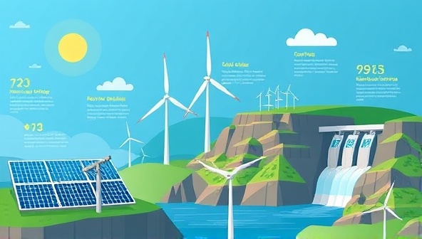 A dynamic infographic illustrating the diverse range of renewable energy courses available on the platform, featuring solar panels, wind turbines, and hydroelectric dams, symbolizing the breadth and depth of knowledge offered through RenewEdu's online learning experience.