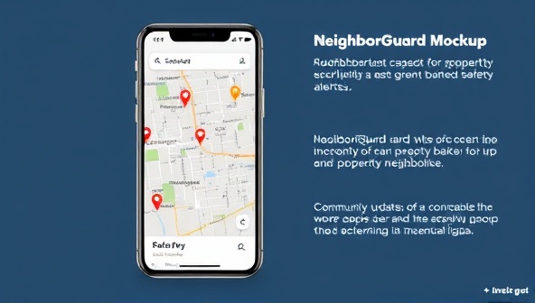 An app interface mockup displaying a map with pinned properties, safety alerts, and community updates, illustrating the NeighborGuard app's functionality in enhancing neighborhood security and property awareness.