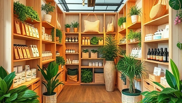 A vibrant and inviting pop-up shop filled with natural wood displays showcasing a variety of sustainable products such as reusable bags, organic skincare, and upcycled home decor, surrounded by green plants for a fresh and eco-conscious vibe.