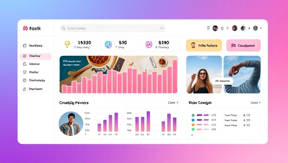 An engaging digital platform interface showcasing a dashboard with real-time influencer performance metrics, creative campaign previews, and a seamless collaboration hub for businesses and influencers.