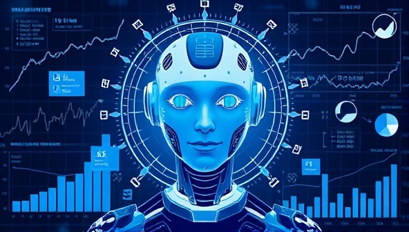 An artistic representation of a futuristic AI assistant surrounded by financial graphs and charts, symbolizing advanced technology and personalized financial guidance.