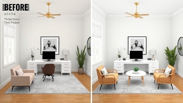 An elegant digital rendering of a virtual interior design consultation, featuring a sleek home office transformation with before-and-after visuals, stylish furniture selections, and a harmonious color palette, highlighting the impact of virtual design services.