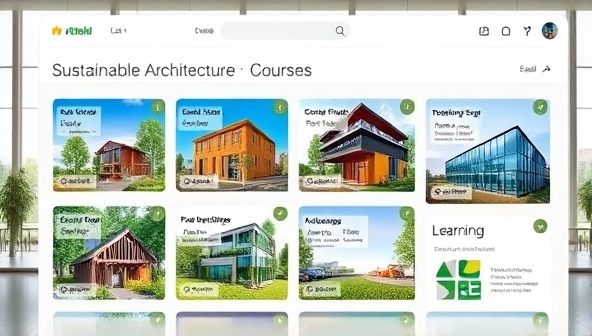An online platform interface displaying a variety of sustainable architecture courses, with engaging visuals of green buildings and interactive learning modules, conveying a modern and educational atmosphere.