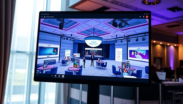 An engaging virtual event environment displayed on a computer screen, featuring a beautifully designed virtual conference hall with interactive booths, networking lounges, and live streaming stages, illustrating the innovative and immersive nature of virtual event planning and coordination.