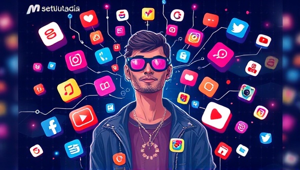 An artistic digital illustration featuring a virtual influencer surrounded by vibrant social media icons and brand logos, symbolizing the fusion of technology and influencer marketing in a visually captivating manner.